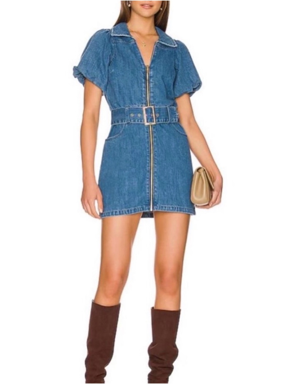 Denim Zip-Front Belted Mini Dress - Blue
